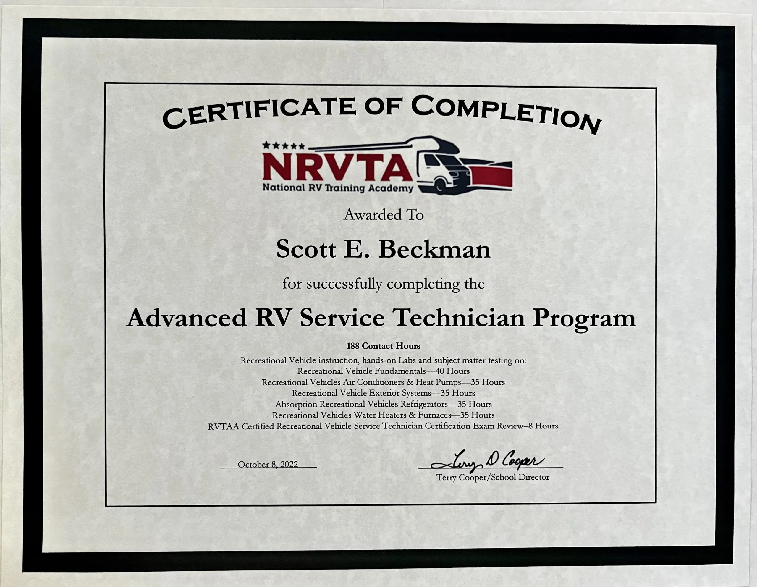 Certificates & Degrees Beckman RV Services