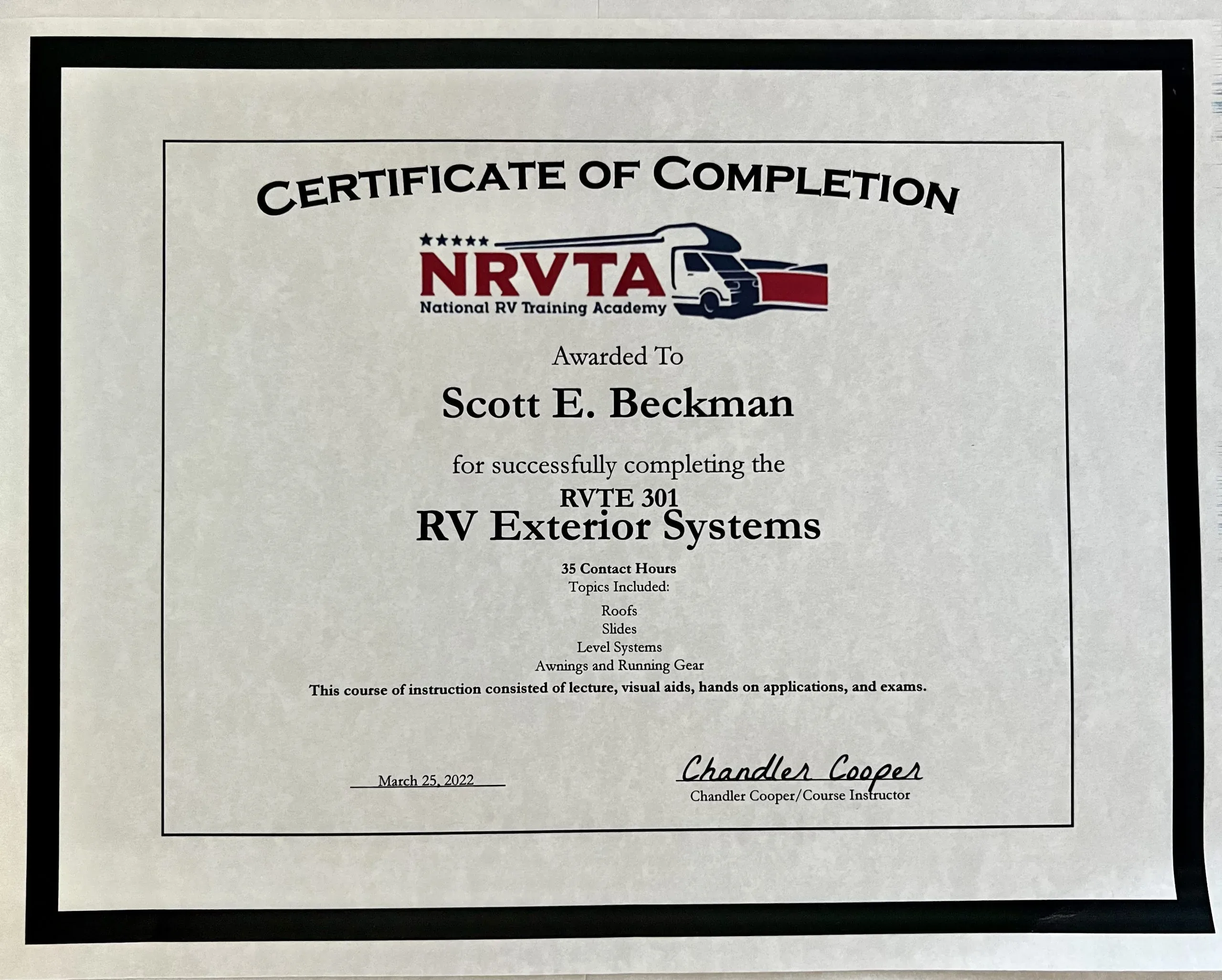 Certificates & Degrees Beckman RV Services