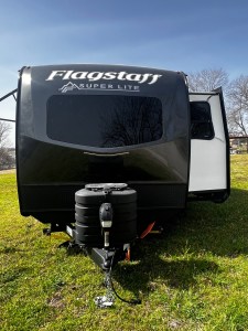 RV that has flipped over in storm - front