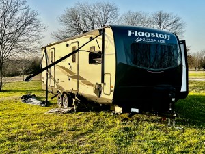 RV that has flipped over from storm